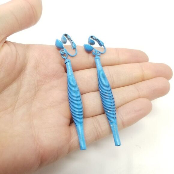 Vintage Funky Spiral Blue Enamel Clip On Earrings, Retro 80s Style, Spring Coil - Picture 1 of 5